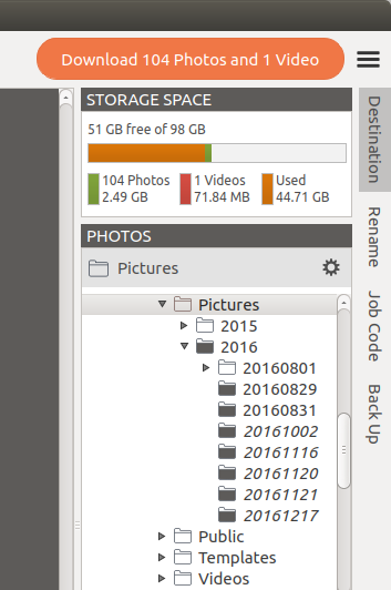 destination subfolders tree